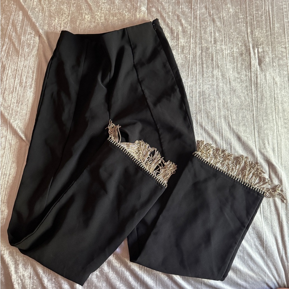 Black Pants with Rhinestone Fringe Detail
